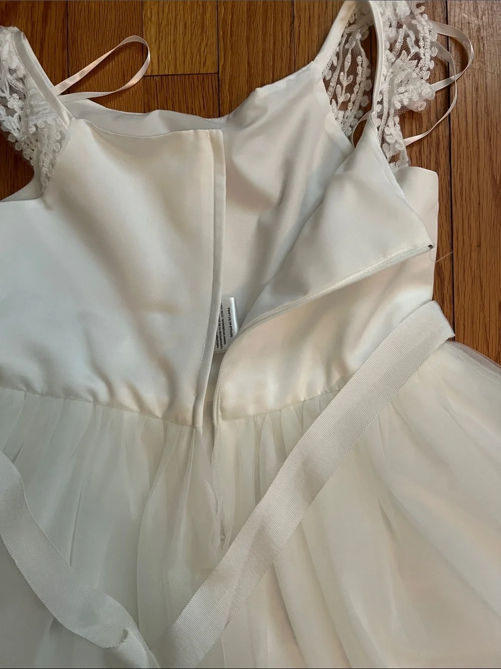 David's Bridal Cream Girls Tulle Dress with Lace Cap Sleeves - Picture 5 of 12